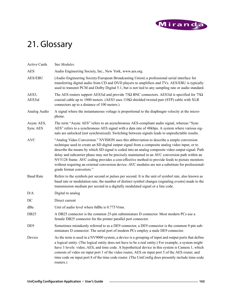 Glossary, Chapter 21 | Grass Valley UniConfi NVISION Series v.1.3 User Manual | Page 175 / 184
