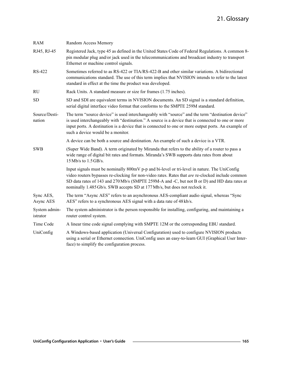 Glossary | Grass Valley UniConfi NVISION Series v.1.3 User Manual | Page 177 / 184