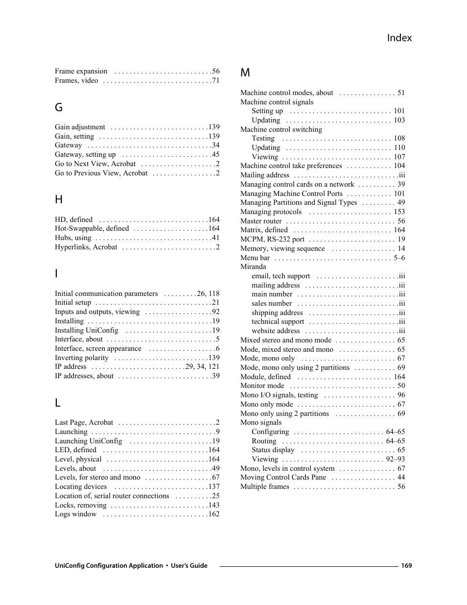 Index | Grass Valley UniConfi NVISION Series v.1.3 User Manual | Page 181 / 184