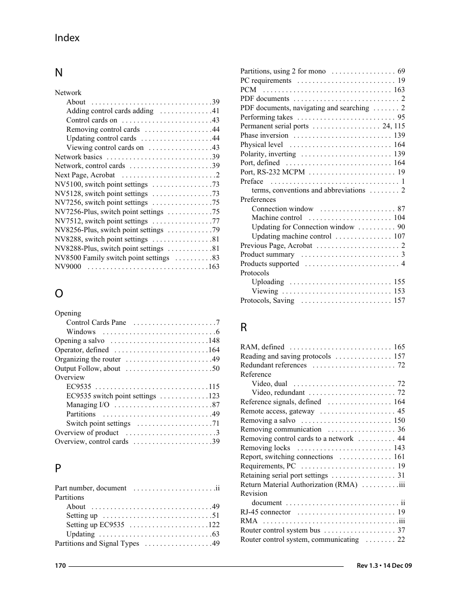 Index | Grass Valley UniConfi NVISION Series v.1.3 User Manual | Page 182 / 184