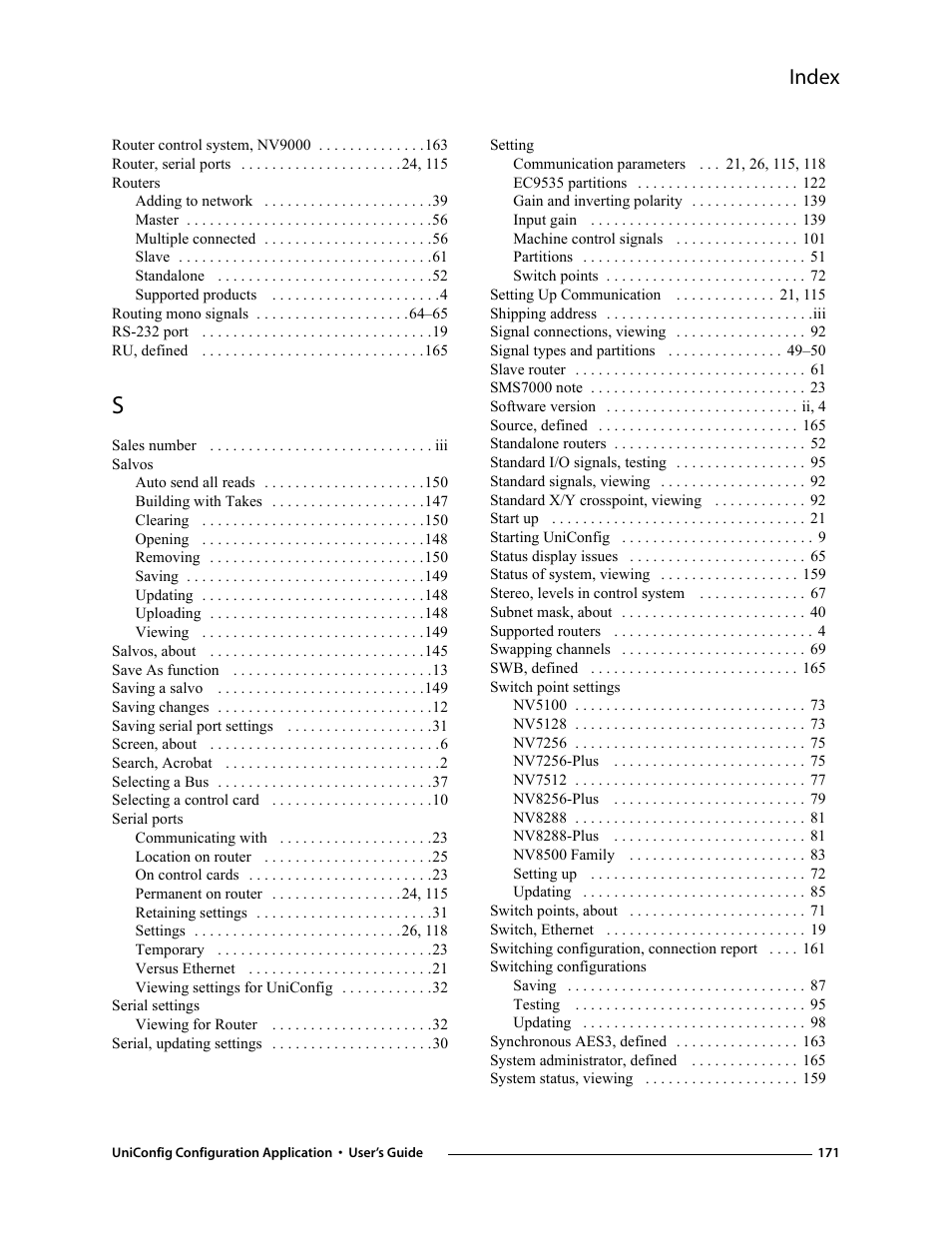 Index | Grass Valley UniConfi NVISION Series v.1.3 User Manual | Page 183 / 184