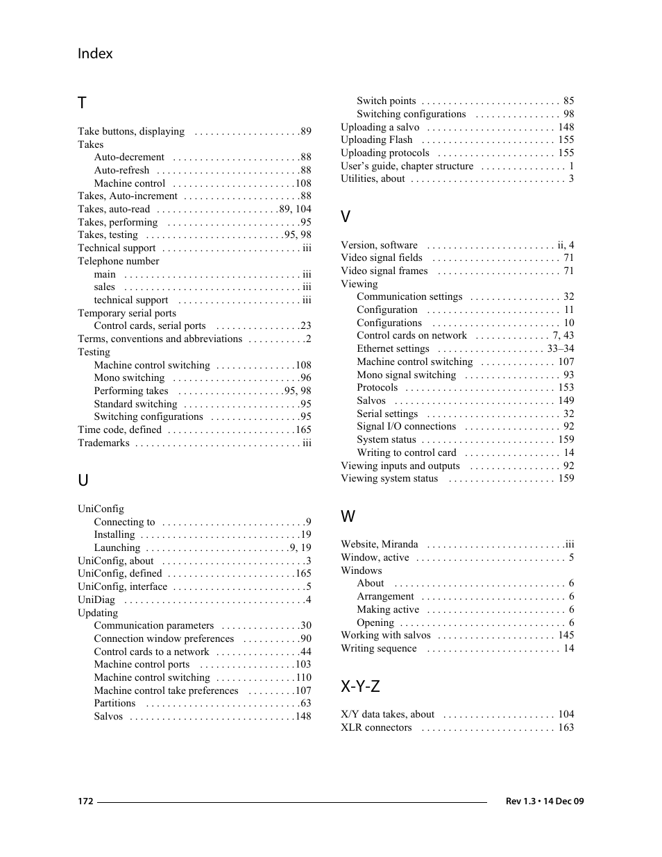 X-y-z, Index | Grass Valley UniConfi NVISION Series v.1.3 User Manual | Page 184 / 184