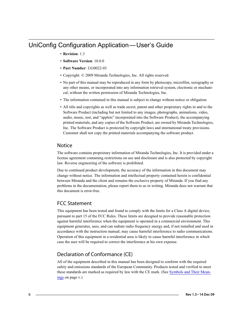 Uniconfig configuration application, User’s guide, Notice | Fcc statement, Declaration of conformance (ce) | Grass Valley UniConfi NVISION Series v.1.3 User Manual | Page 2 / 184