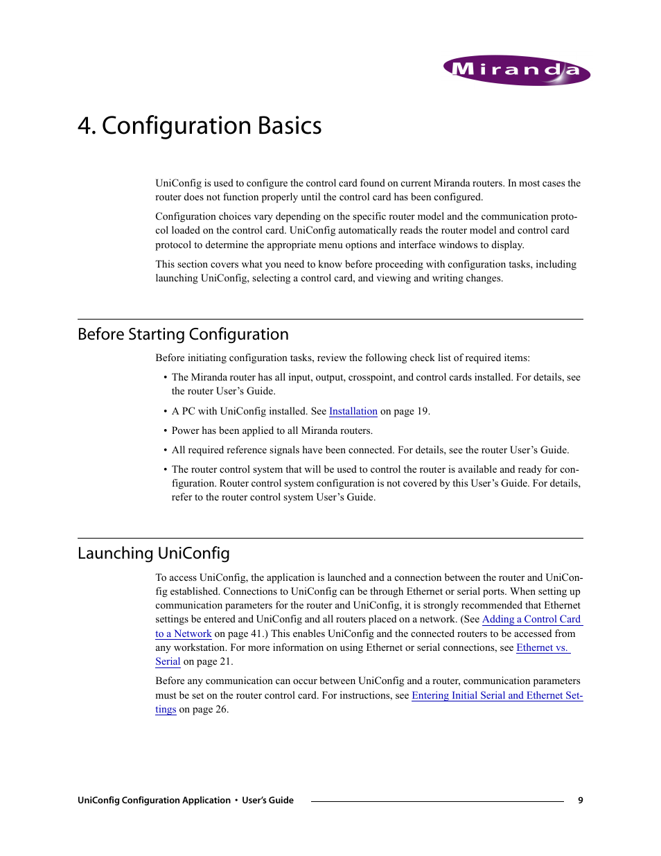 Configuration basics, Before starting configuration, Launching uniconfig | Chapter 4, Before starting configuration launching uniconfig | Grass Valley UniConfi NVISION Series v.1.3 User Manual | Page 21 / 184