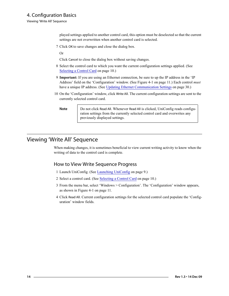 Viewing ‘write all’ sequence, How to view write sequence progress, Configuration basics | Grass Valley UniConfi NVISION Series v.1.3 User Manual | Page 26 / 184