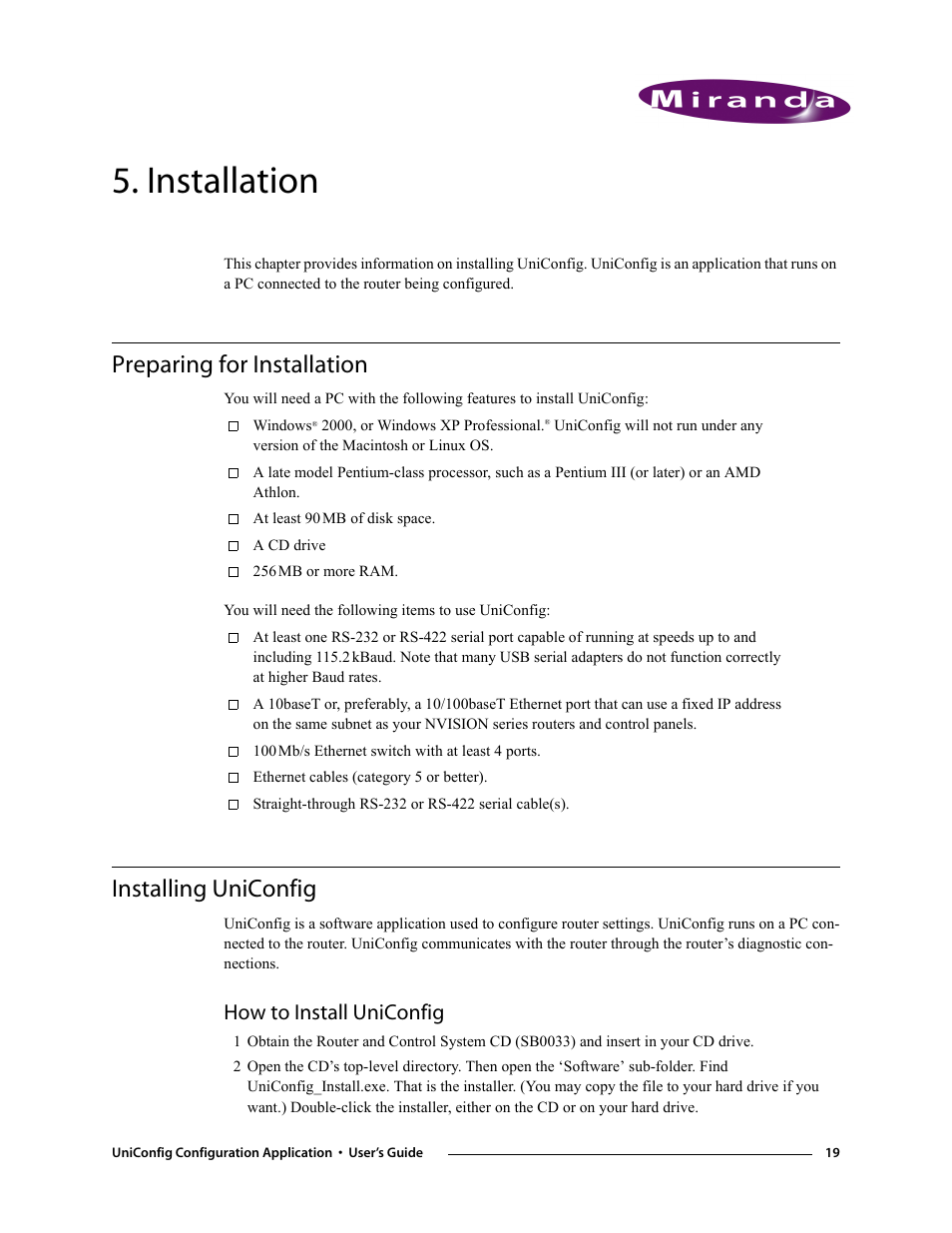 Installation, Preparing for installation, Installing uniconfig | How to install uniconfig, Chapter 5, Preparing for installation installing uniconfig, Installed. see | Grass Valley UniConfi NVISION Series v.1.3 User Manual | Page 31 / 184