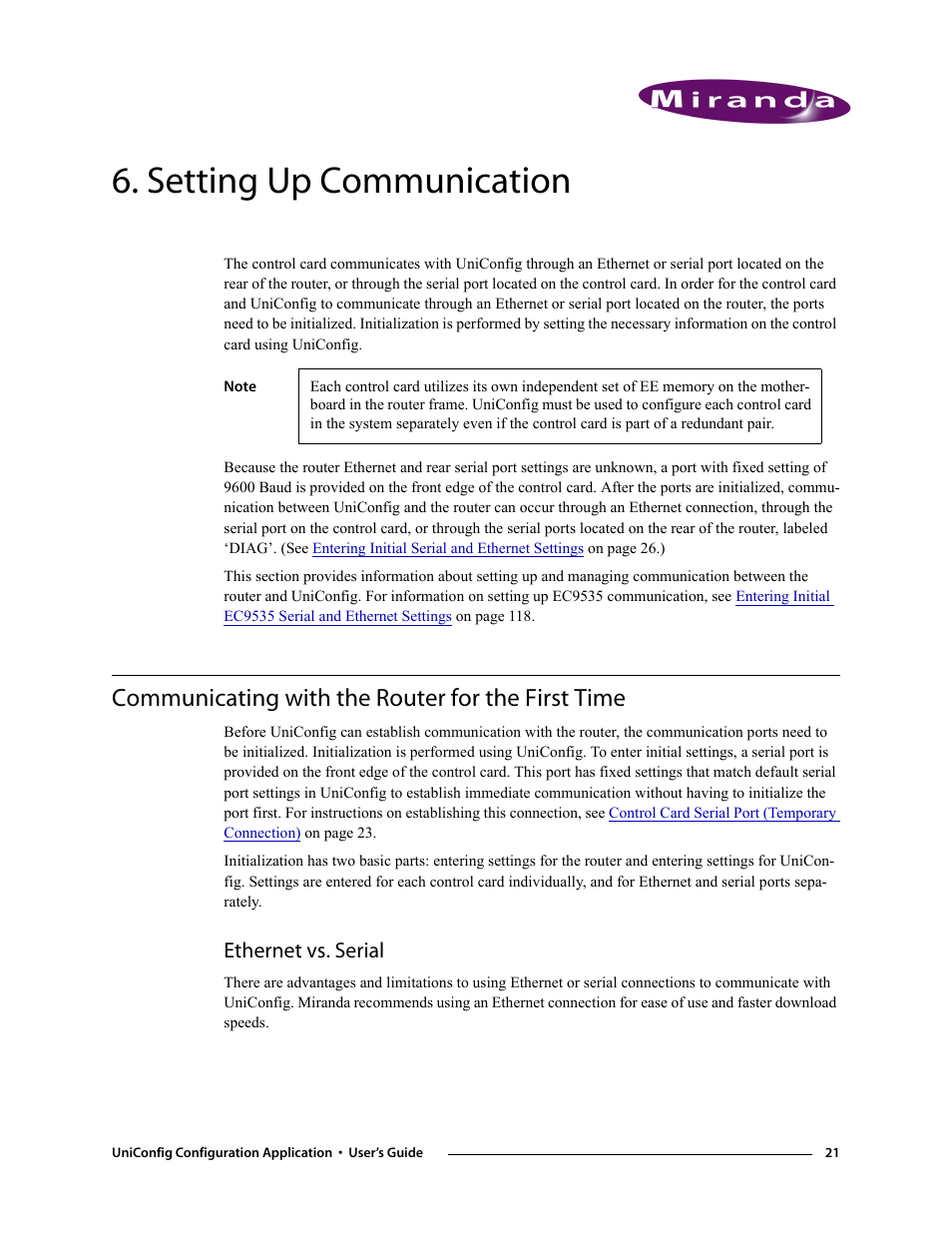 Setting up communication, Communicating with the router for the first time, Ethernet vs. serial | Chapter 6, Ns, see, Ethernet vs, Serial | Grass Valley UniConfi NVISION Series v.1.3 User Manual | Page 33 / 184
