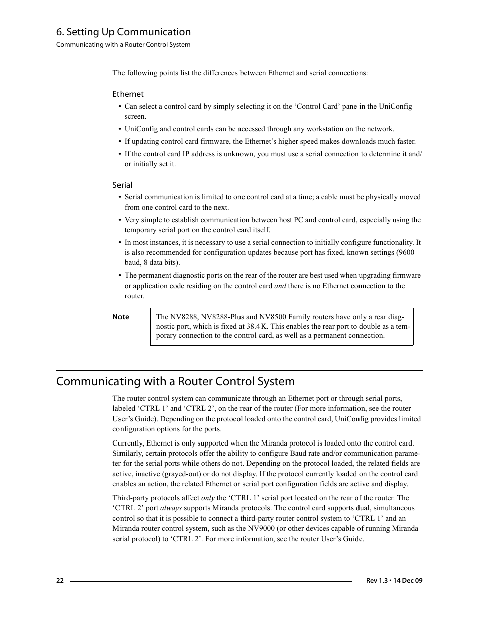 Ethernet, Serial, Communicating with a router control system | Ethernet serial, Setting up communication | Grass Valley UniConfi NVISION Series v.1.3 User Manual | Page 34 / 184
