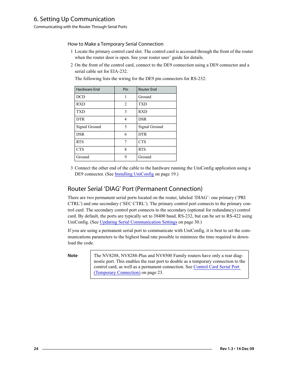 How to make a temporary serial connection, Router serial ‘diag’ port (permanent connection), Router serial ‘diag’ port (perma | Nent connection), Setting up communication | Grass Valley UniConfi NVISION Series v.1.3 User Manual | Page 36 / 184