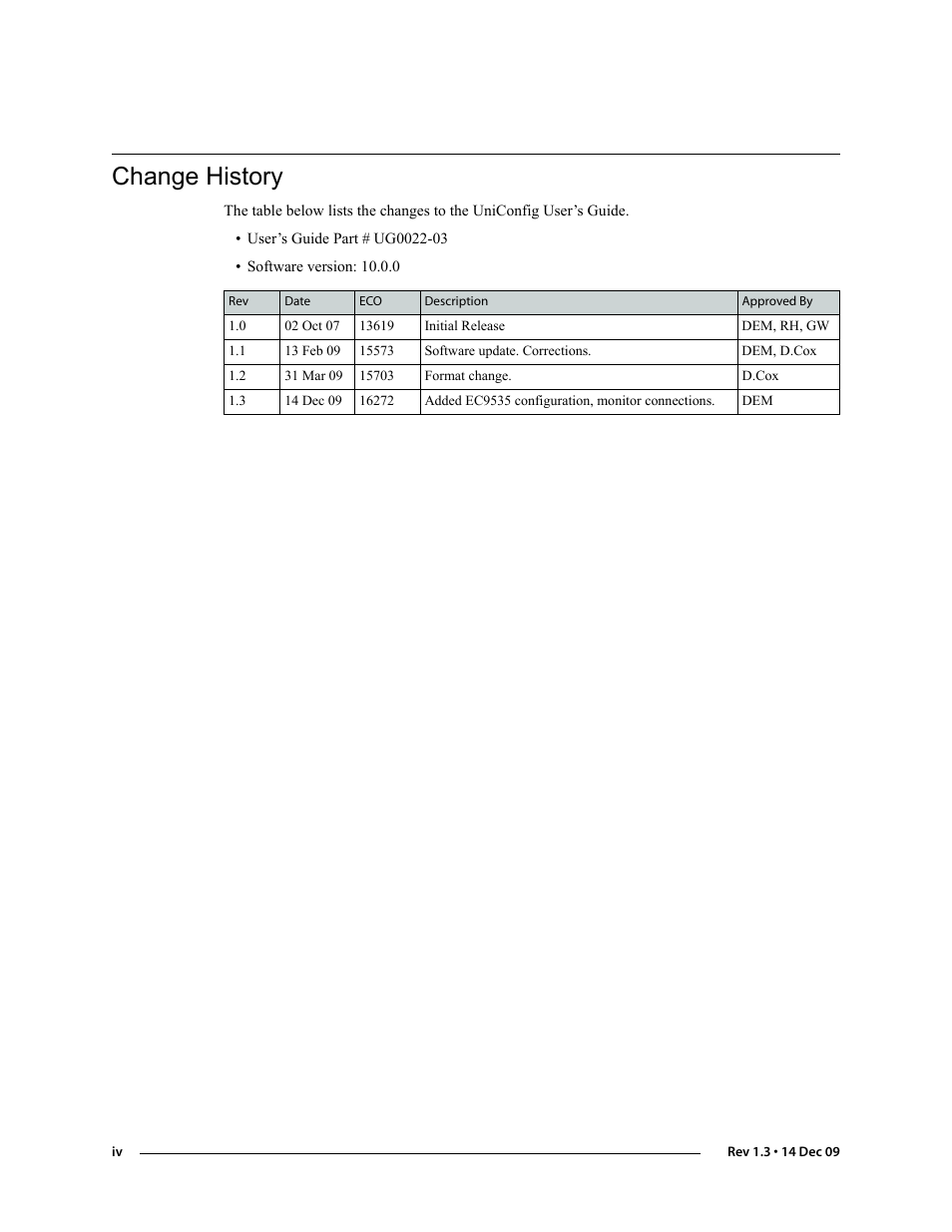 Change history | Grass Valley UniConfi NVISION Series v.1.3 User Manual | Page 4 / 184