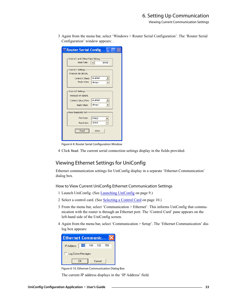 Viewing ethernet settings for uniconfig, Setting up communication | Grass Valley UniConfi NVISION Series v.1.3 User Manual | Page 45 / 184