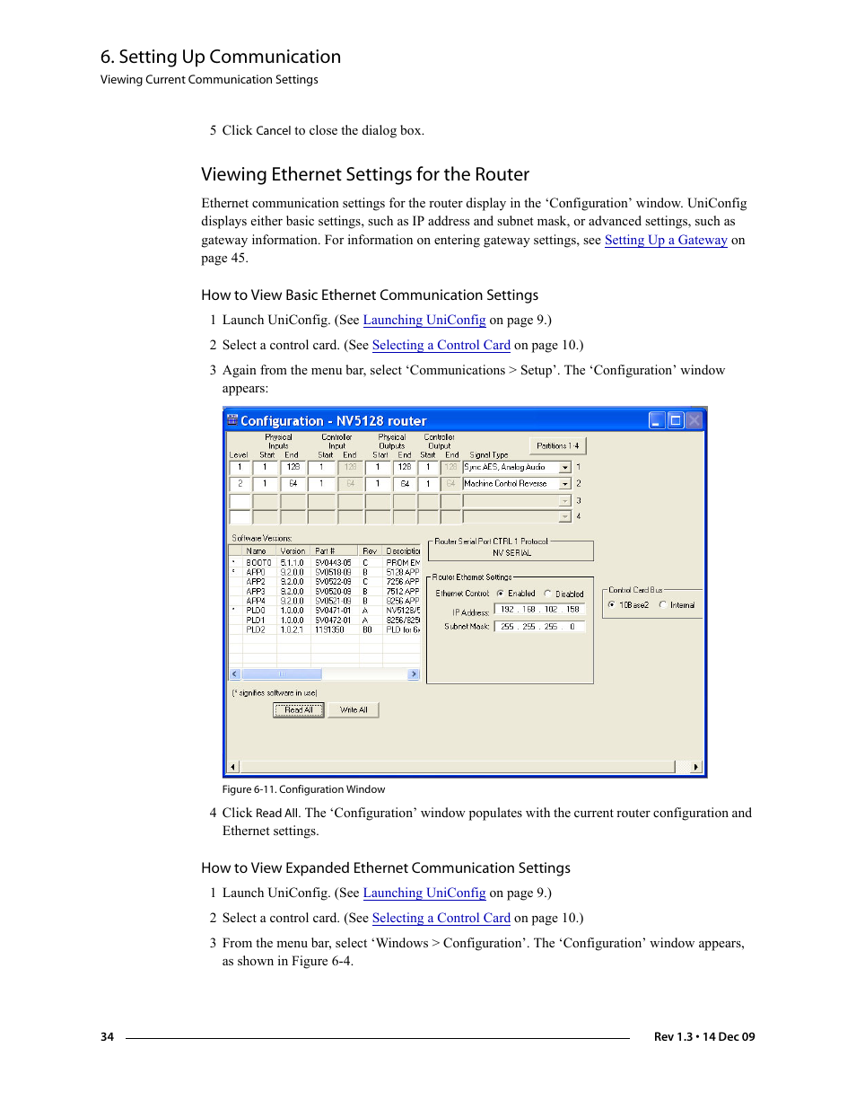 5 click cancel to close the dialog box, Viewing ethernet settings for the router, How to view basic ethernet communication settings | Setting up communication | Grass Valley UniConfi NVISION Series v.1.3 User Manual | Page 46 / 184