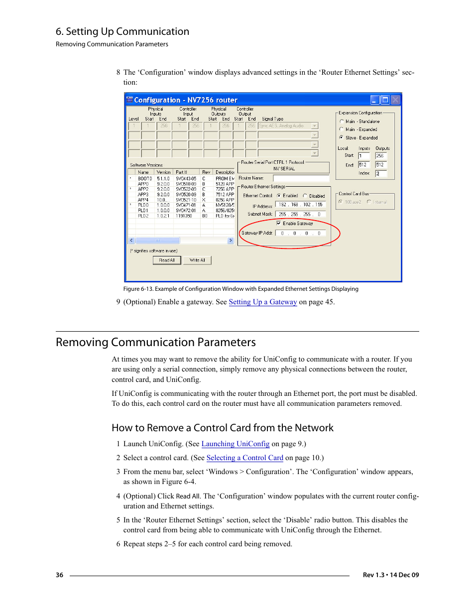 Removing communication parameters, How to remove a control card from the network, Setting up communication | Grass Valley UniConfi NVISION Series v.1.3 User Manual | Page 48 / 184