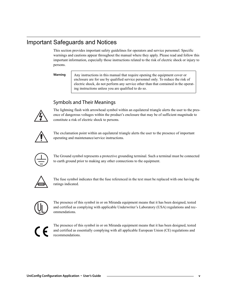 Important safeguards and notices, Symbols and their meanings | Grass Valley UniConfi NVISION Series v.1.3 User Manual | Page 5 / 184