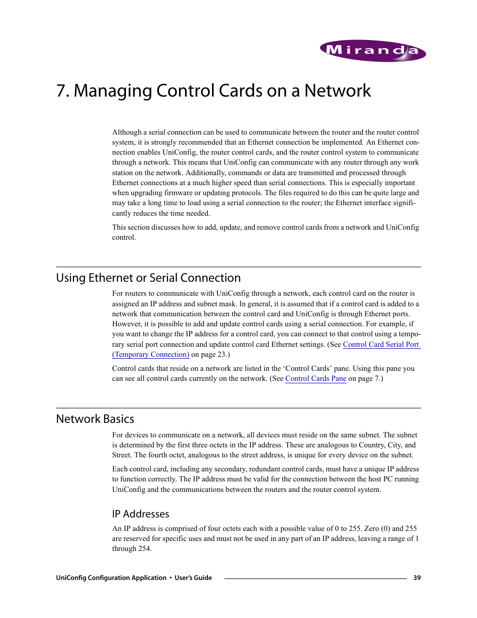 Managing control cards on a network, Using ethernet or serial connection, Network basics | Ip addresses, Chapter 7, Using ethernet or serial connection network basics, Managing control cards on a net, Work, Network, Basics | Grass Valley UniConfi NVISION Series v.1.3 User Manual | Page 51 / 184