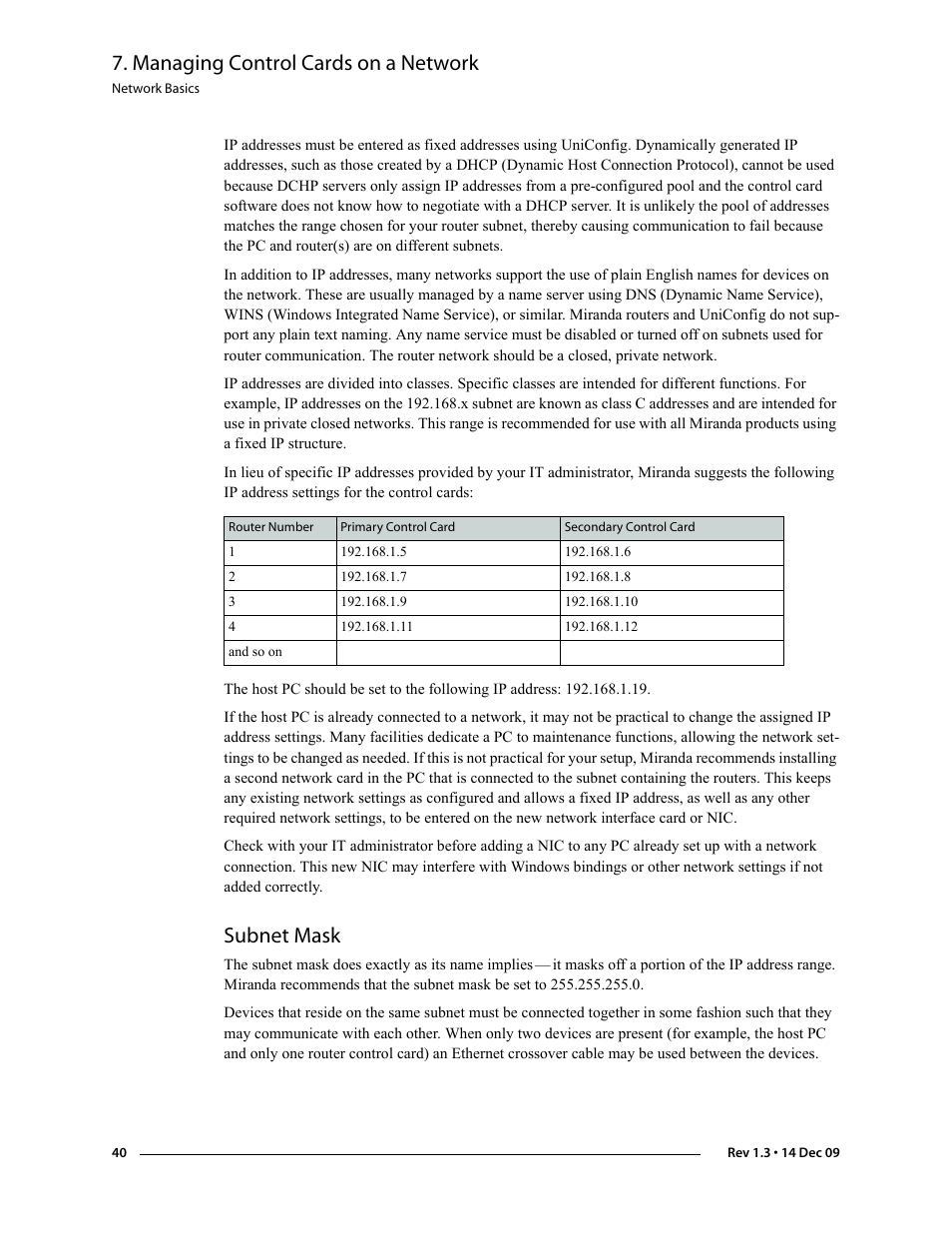 Subnet mask, Managing control cards on a network | Grass Valley UniConfi NVISION Series v.1.3 User Manual | Page 52 / 184