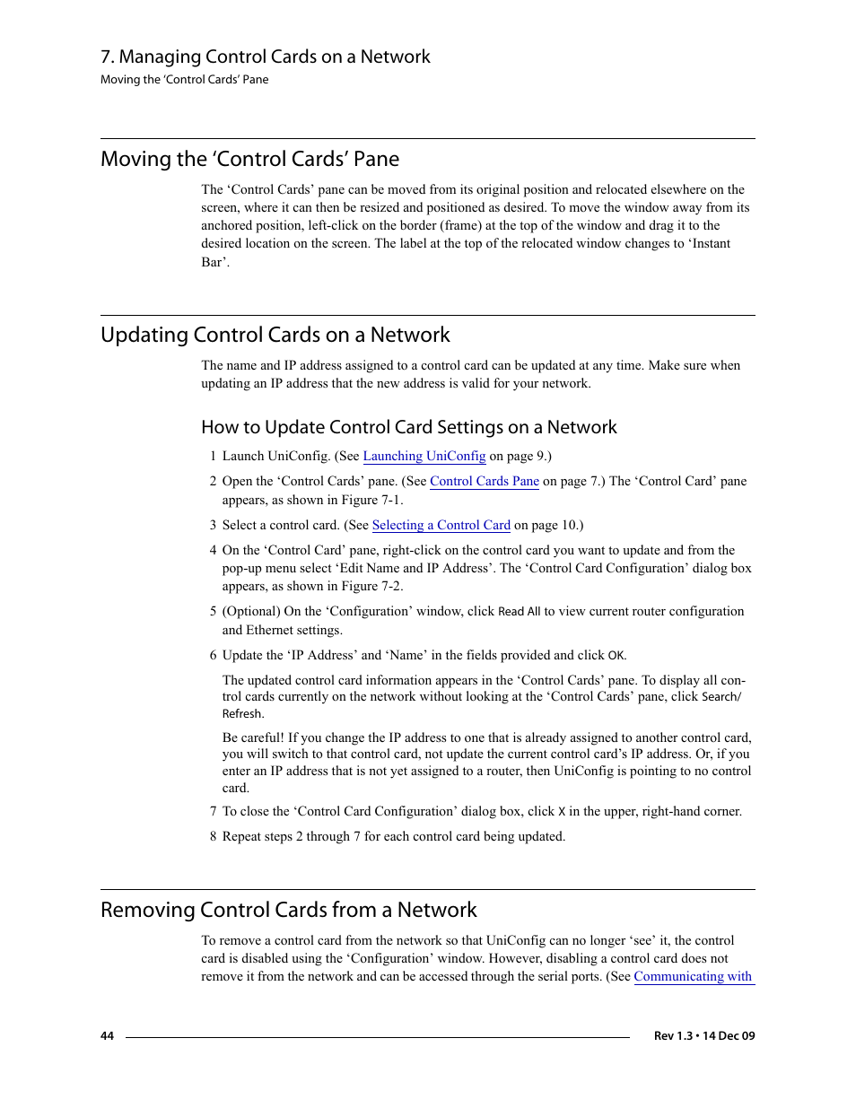 Moving the ‘control cards’ pane, Updating control cards on a network, How to update control card settings on a network | Removing control cards from a network, Managing control cards on a network | Grass Valley UniConfi NVISION Series v.1.3 User Manual | Page 56 / 184
