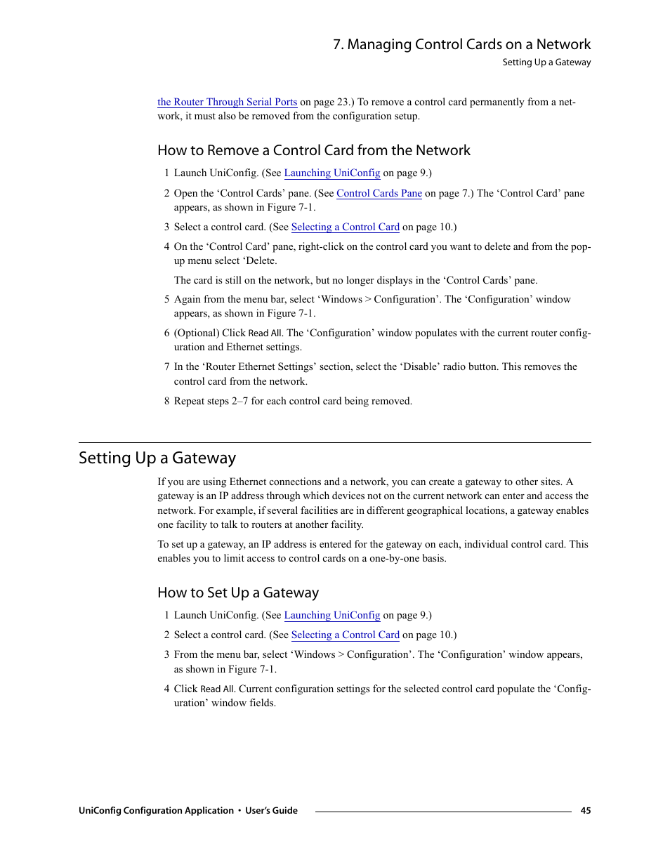 How to remove a control card from the network, Setting up a gateway, How to set up a gateway | Managing control cards on a network | Grass Valley UniConfi NVISION Series v.1.3 User Manual | Page 57 / 184