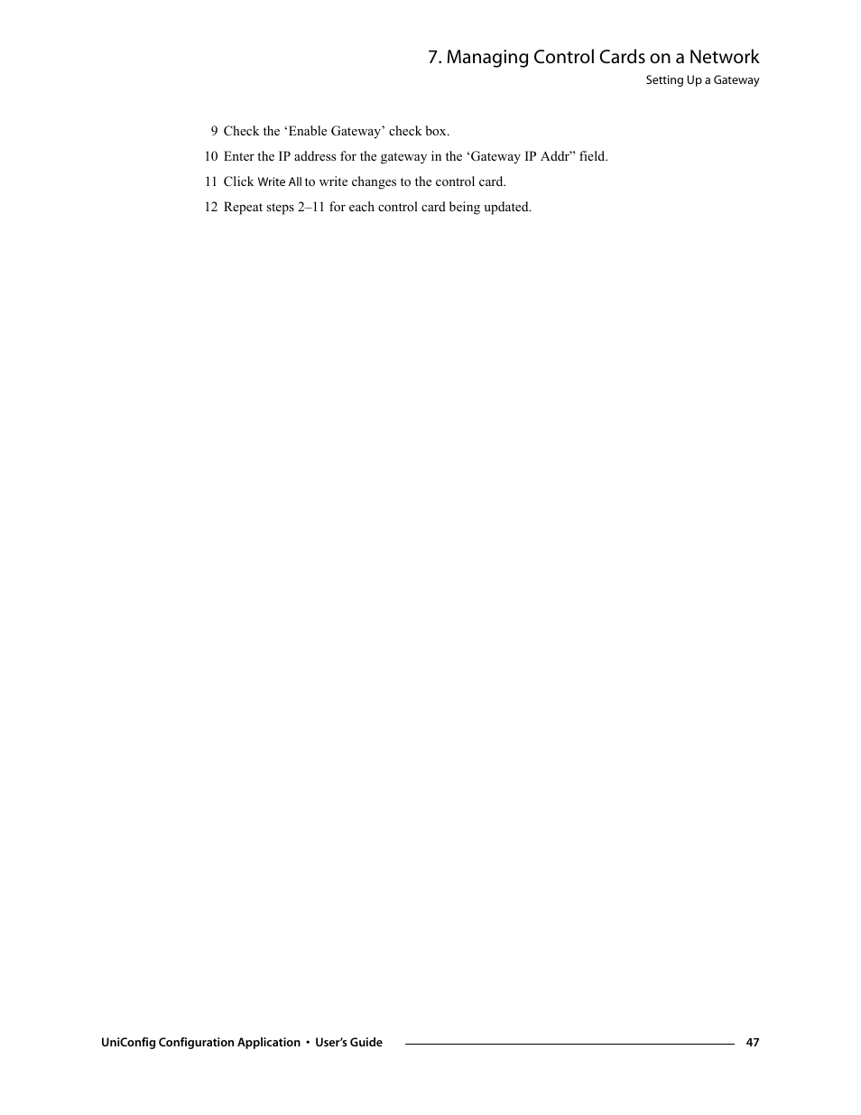 9 check the ‘enable gateway’ check box, Managing control cards on a network | Grass Valley UniConfi NVISION Series v.1.3 User Manual | Page 59 / 184