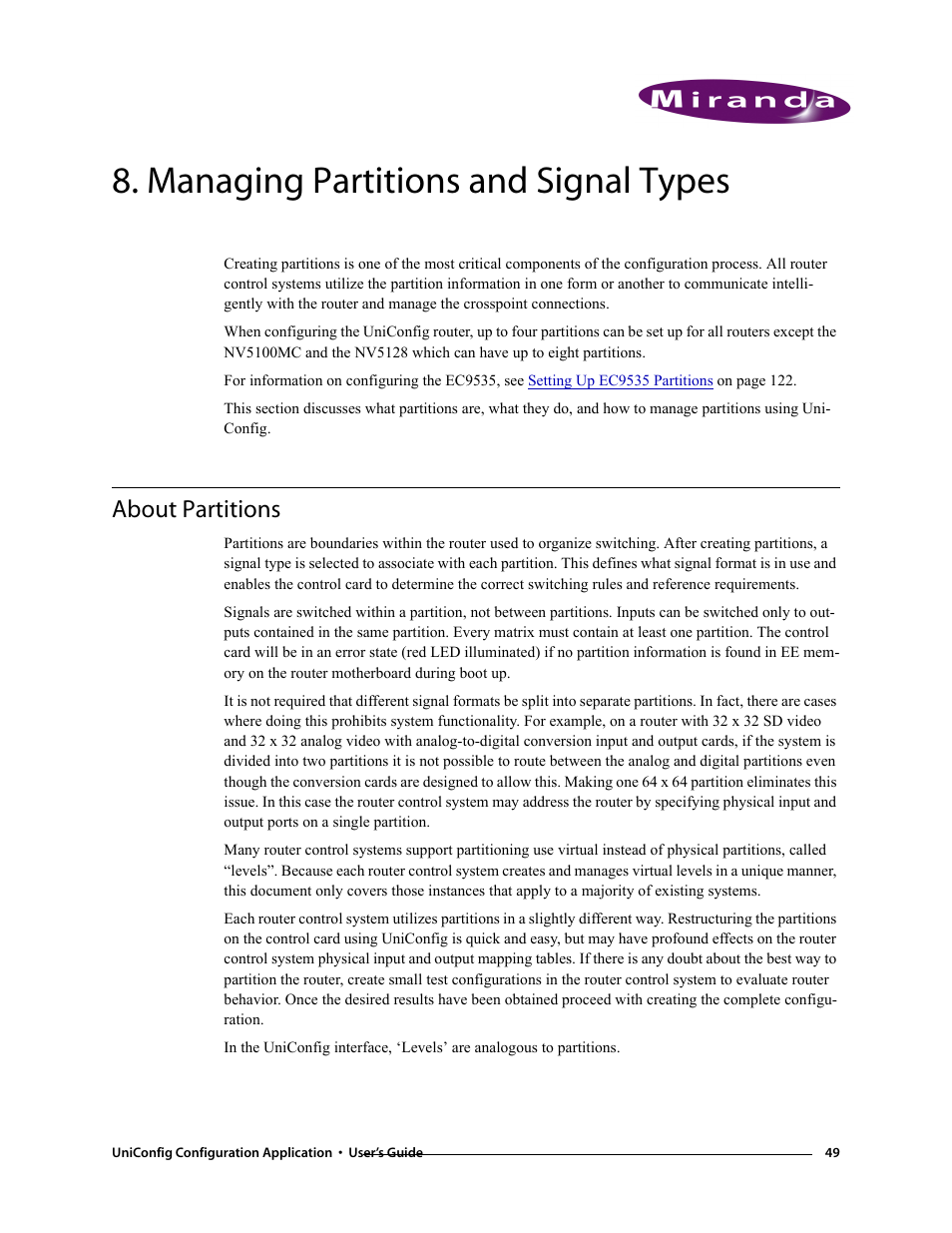 Managing partitions and signal types, About partitions, Chapter 8 | Grass Valley UniConfi NVISION Series v.1.3 User Manual | Page 61 / 184