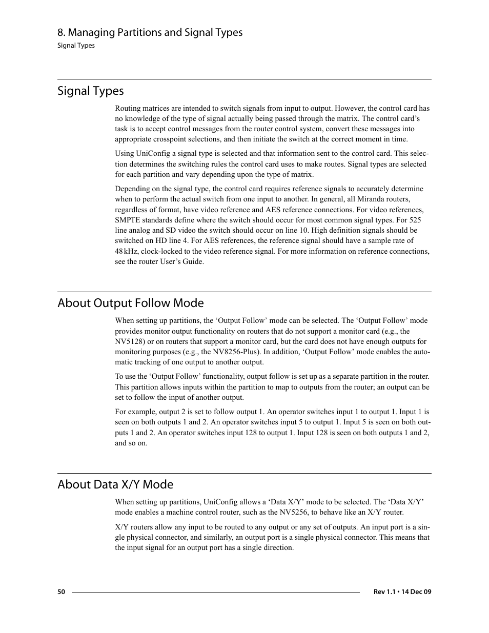 Signal types, About output follow mode, About data x/y mode | Managing partitions and signal types | Grass Valley UniConfi NVISION Series v.1.3 User Manual | Page 62 / 184
