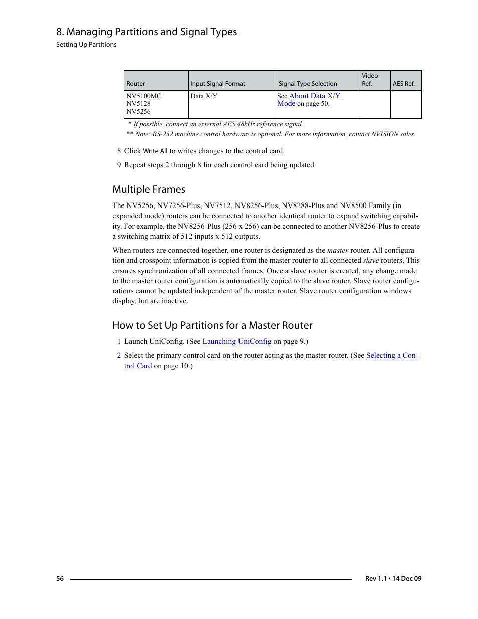 Multiple frames, How to set up partitions for a master router, Managing partitions and signal types | Grass Valley UniConfi NVISION Series v.1.3 User Manual | Page 68 / 184