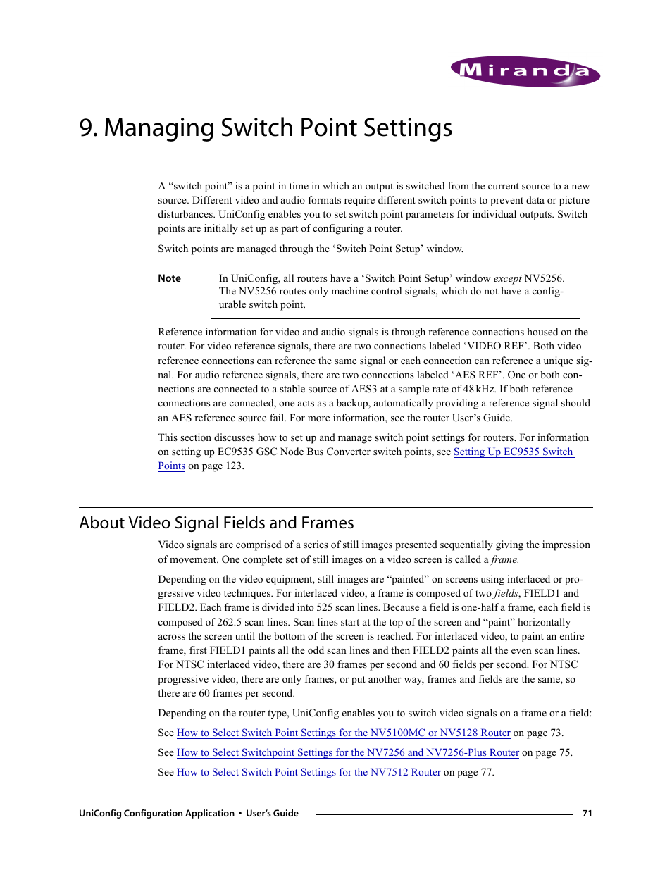 Managing switch point settings, About video signal fields and frames, Chapter 9 | Grass Valley UniConfi NVISION Series v.1.3 User Manual | Page 83 / 184