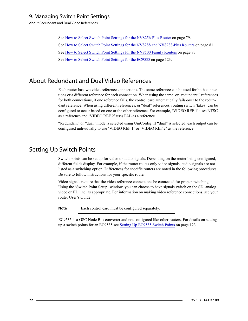 About redundant and dual video references, Setting up switch points, Managing switch point settings | Grass Valley UniConfi NVISION Series v.1.3 User Manual | Page 84 / 184