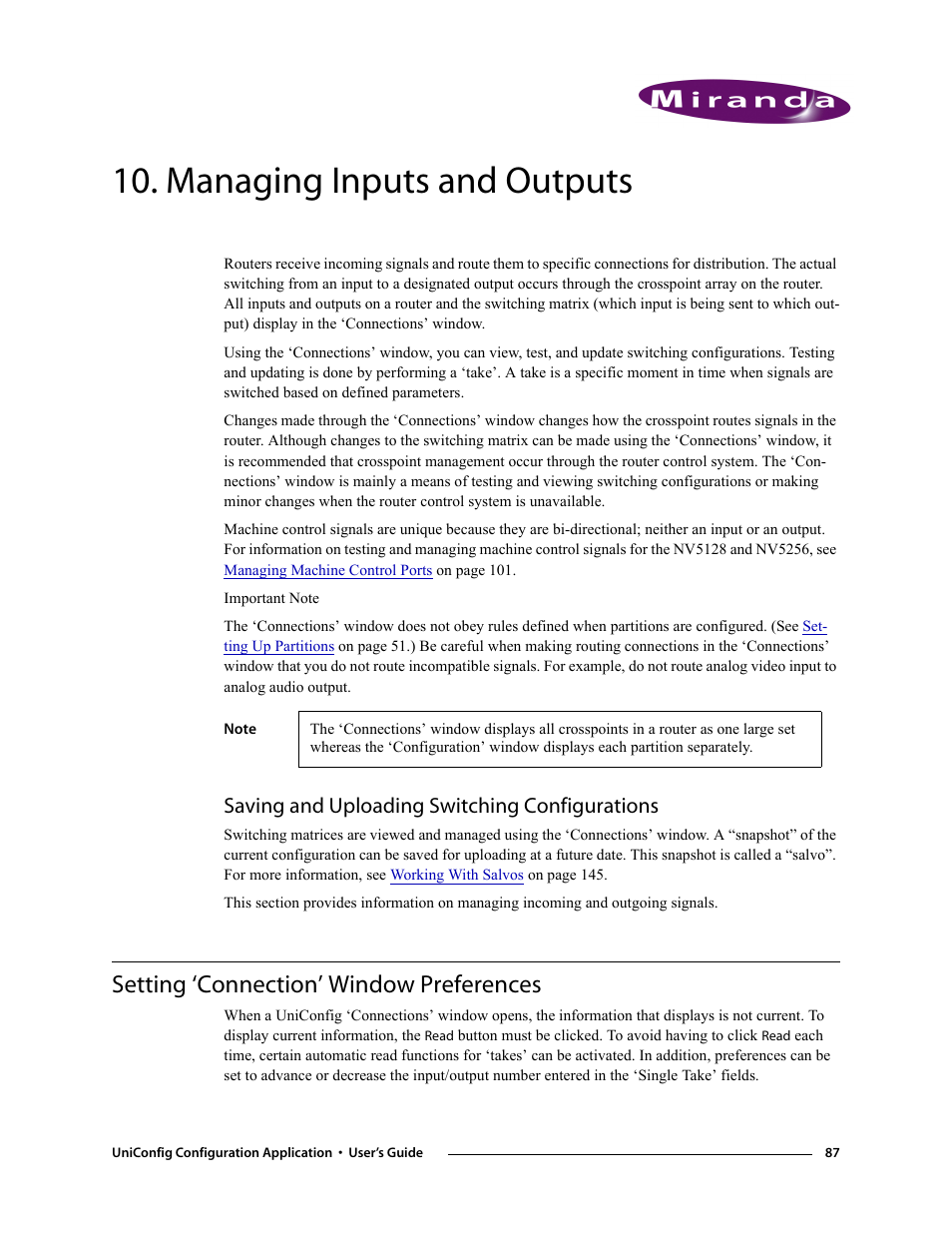 Managing inputs and outputs, Saving and uploading switching configurations, Setting ‘connection’ window preferences | Chapter 10 | Grass Valley UniConfi NVISION Series v.1.3 User Manual | Page 99 / 184
