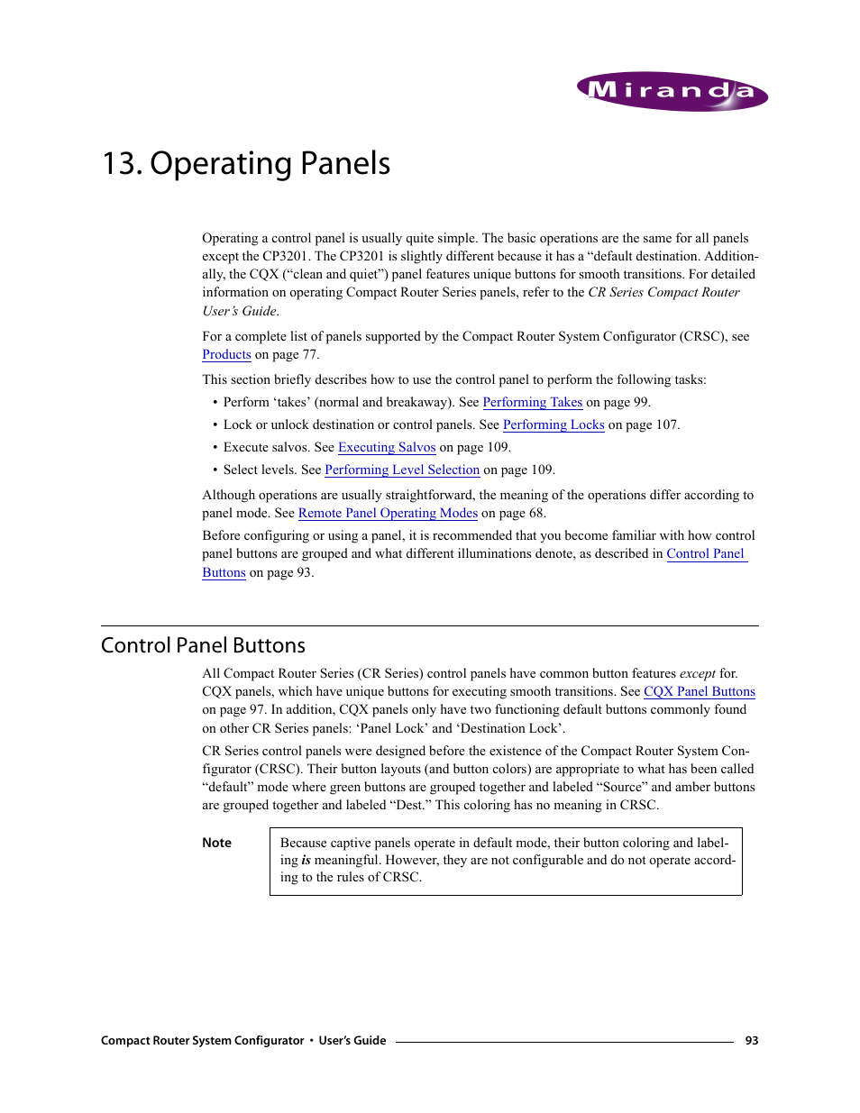 Operating panels, Control panel buttons, Chapter 13 | Grass Valley NVISION Compact CQX User Manual | Page 105 / 134