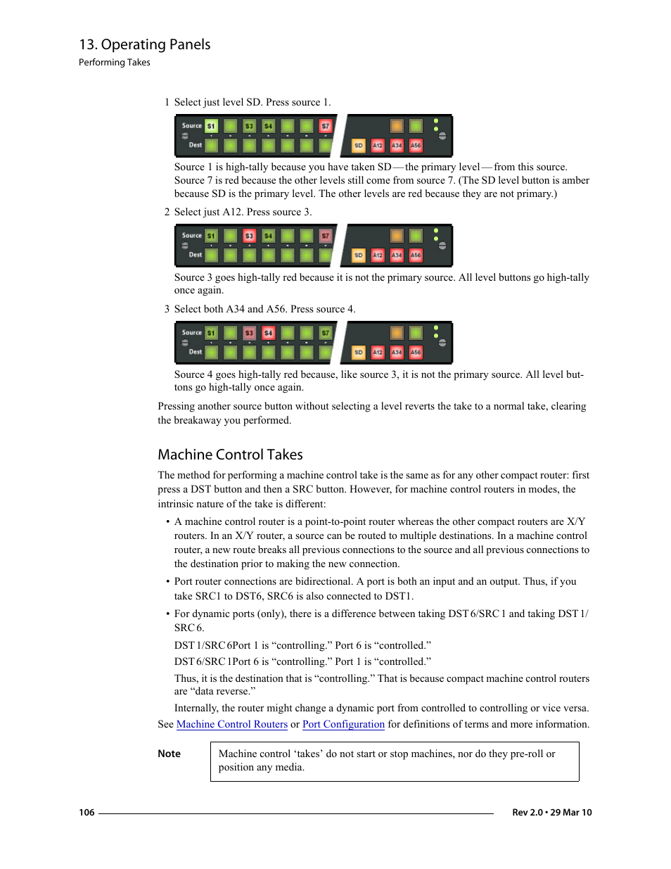 2 select just a12. press source 3, 3 select both a34 and a56. press source 4, Machine control takes | Operating panels | Grass Valley NVISION Compact CQX User Manual | Page 118 / 134
