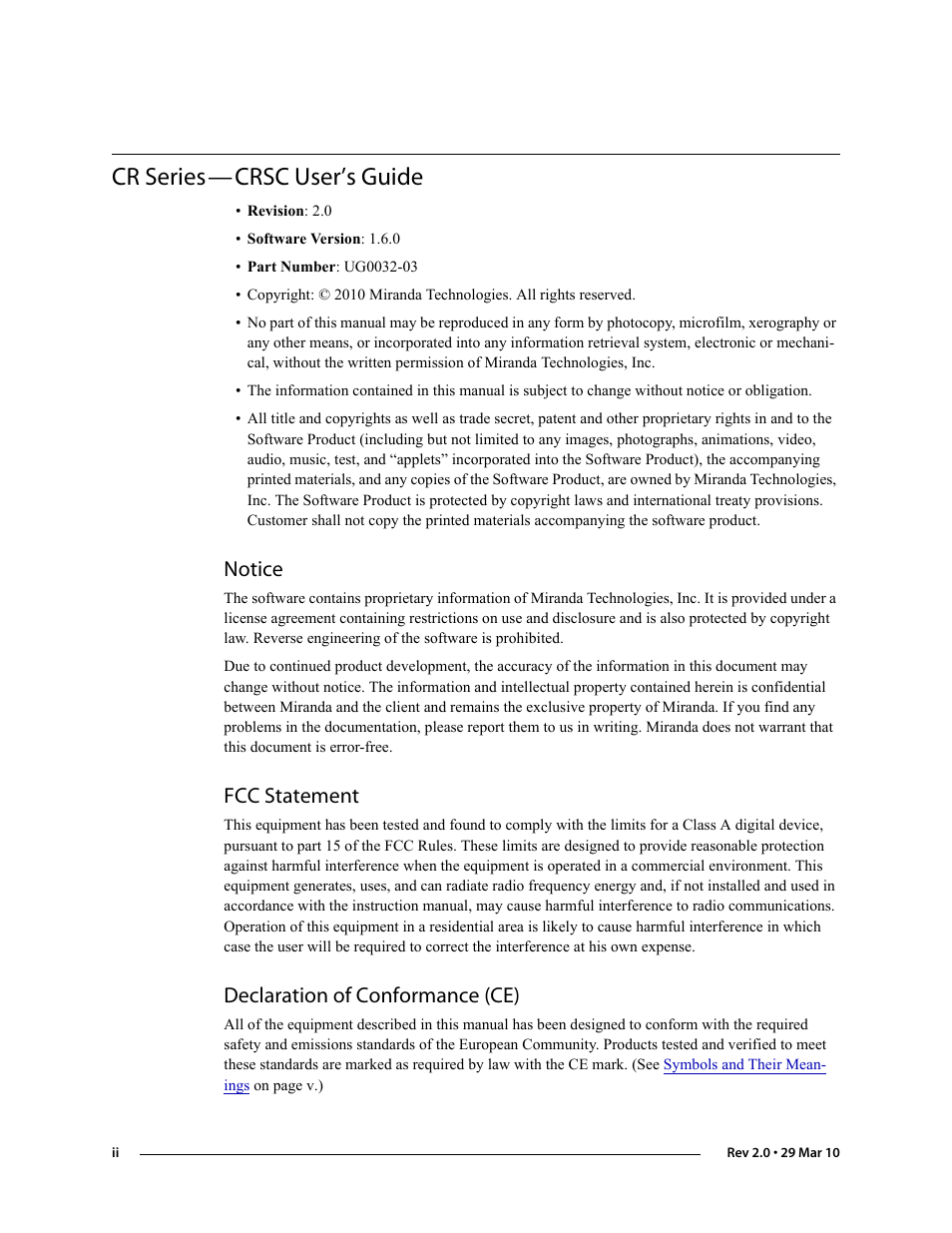 Cr series, Crsc user’s guide, Notice | Fcc statement, Declaration of conformance (ce) | Grass Valley NVISION Compact CQX User Manual | Page 2 / 134