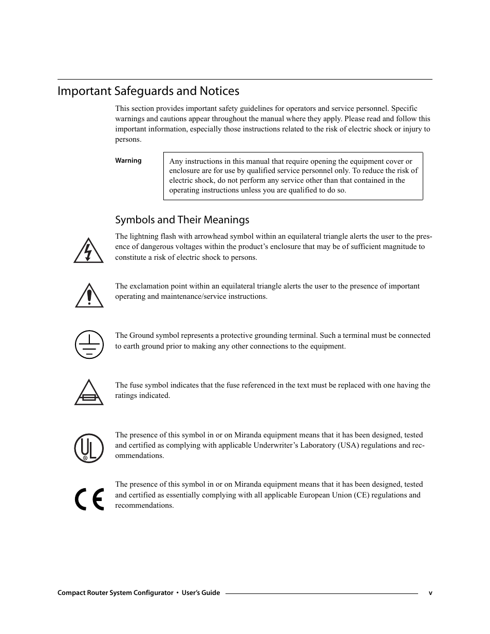 Important safeguards and notices, Symbols and their meanings | Grass Valley NVISION Compact CQX User Manual | Page 5 / 134