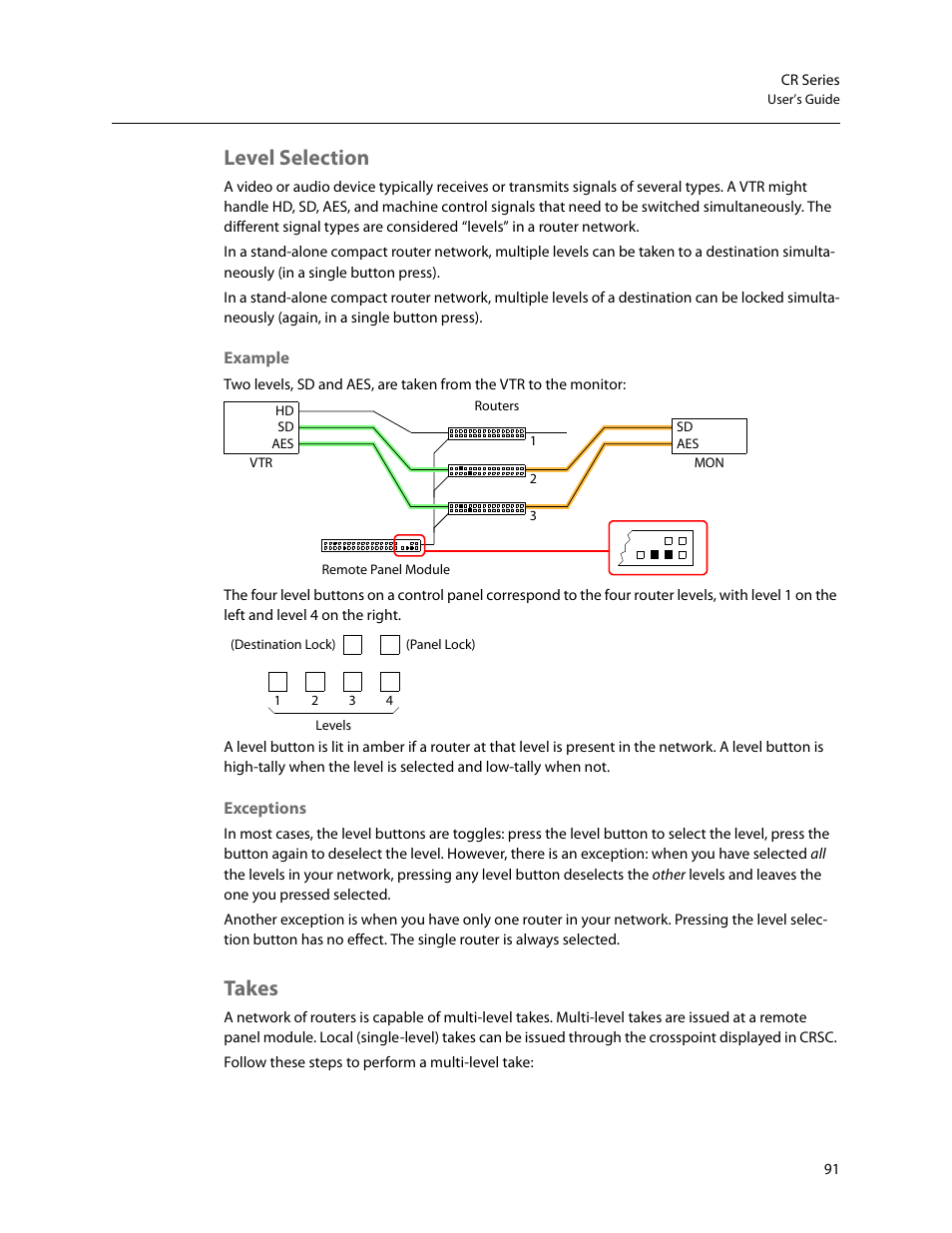 Level selection, Takes, Level selection takes | Grass Valley CR Series v.3.2 User Manual | Page 103 / 212