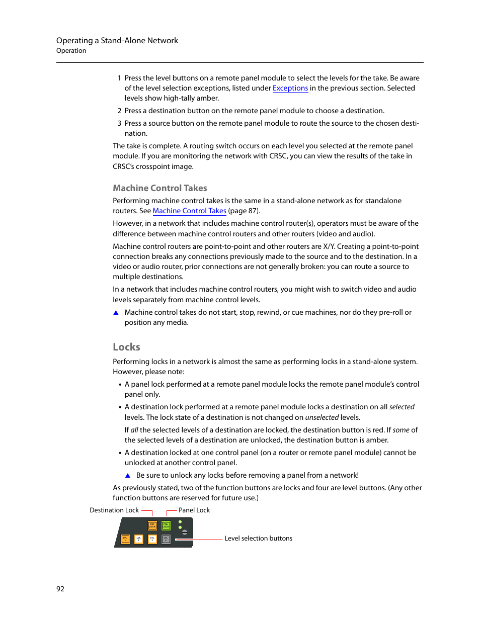 Machine control takes, Locks, Operating a stand-alone network | Grass Valley CR Series v.3.2 User Manual | Page 104 / 212