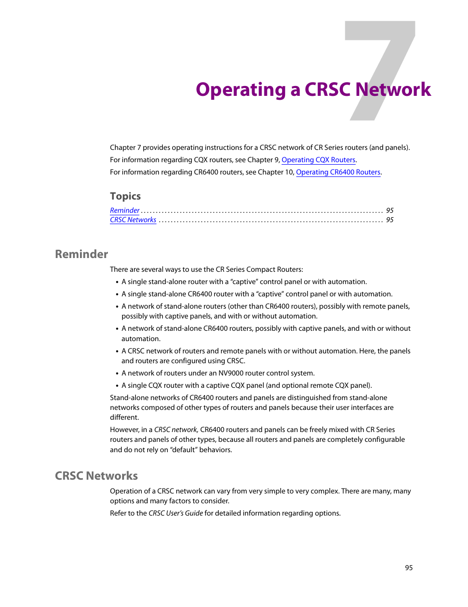 Operating a crsc network, Reminder, Crsc networks | 7 operating a crsc network, Reminder crsc networks, Topics | Grass Valley CR Series v.3.2 User Manual | Page 107 / 212