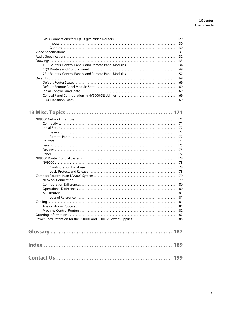 13 misc. topics, Glossary index contact us | Grass Valley CR Series v.3.2 User Manual | Page 11 / 212