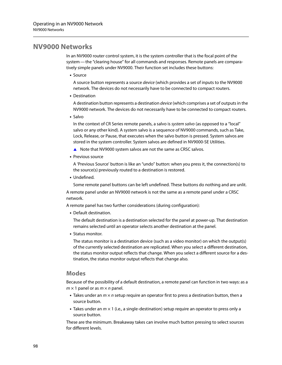 Nv9000 networks, Modes | Grass Valley CR Series v.3.2 User Manual | Page 110 / 212