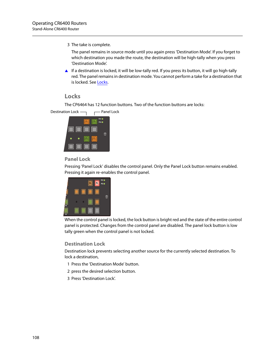 Locks, Panel lock, Destination lock | Panel lock destination lock, Operating cr6400 routers | Grass Valley CR Series v.3.2 User Manual | Page 120 / 212