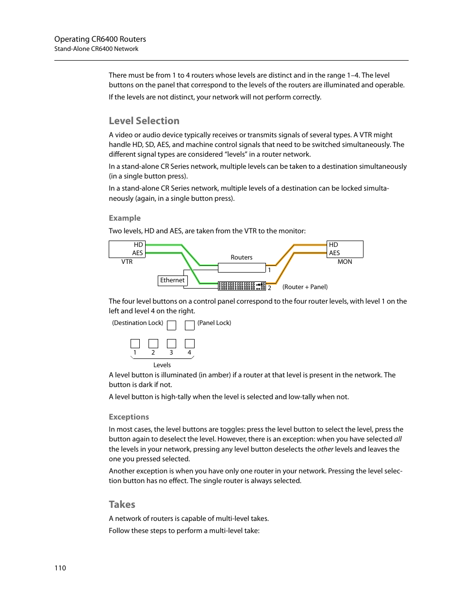 Level selection, Takes, Level selection takes | Grass Valley CR Series v.3.2 User Manual | Page 122 / 212