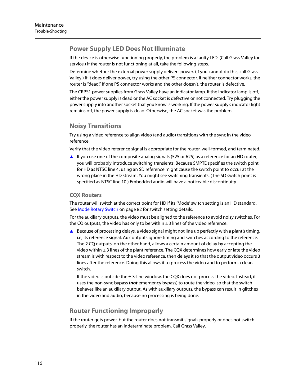Power supply led does not illuminate, Noisy transitions, Cqx routers | Router functioning improperly | Grass Valley CR Series v.3.2 User Manual | Page 128 / 212