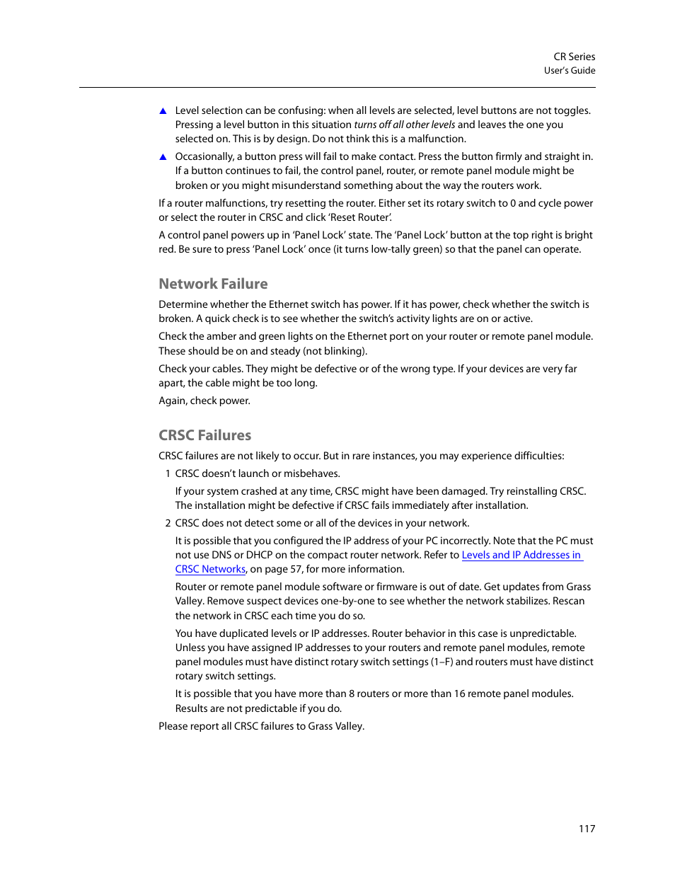 Network failure, Crsc failures, Network failure crsc failures | Grass Valley CR Series v.3.2 User Manual | Page 129 / 212