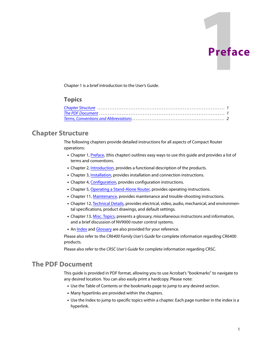 Preface, Chapter structure, The pdf document | 1 preface, Chapter structure the pdf document, Topics | Grass Valley CR Series v.3.2 User Manual | Page 13 / 212