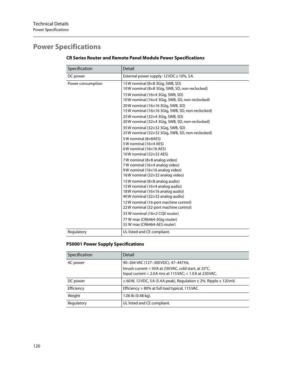 Power specifications | Grass Valley CR Series v.3.2 User Manual | Page 132 / 212