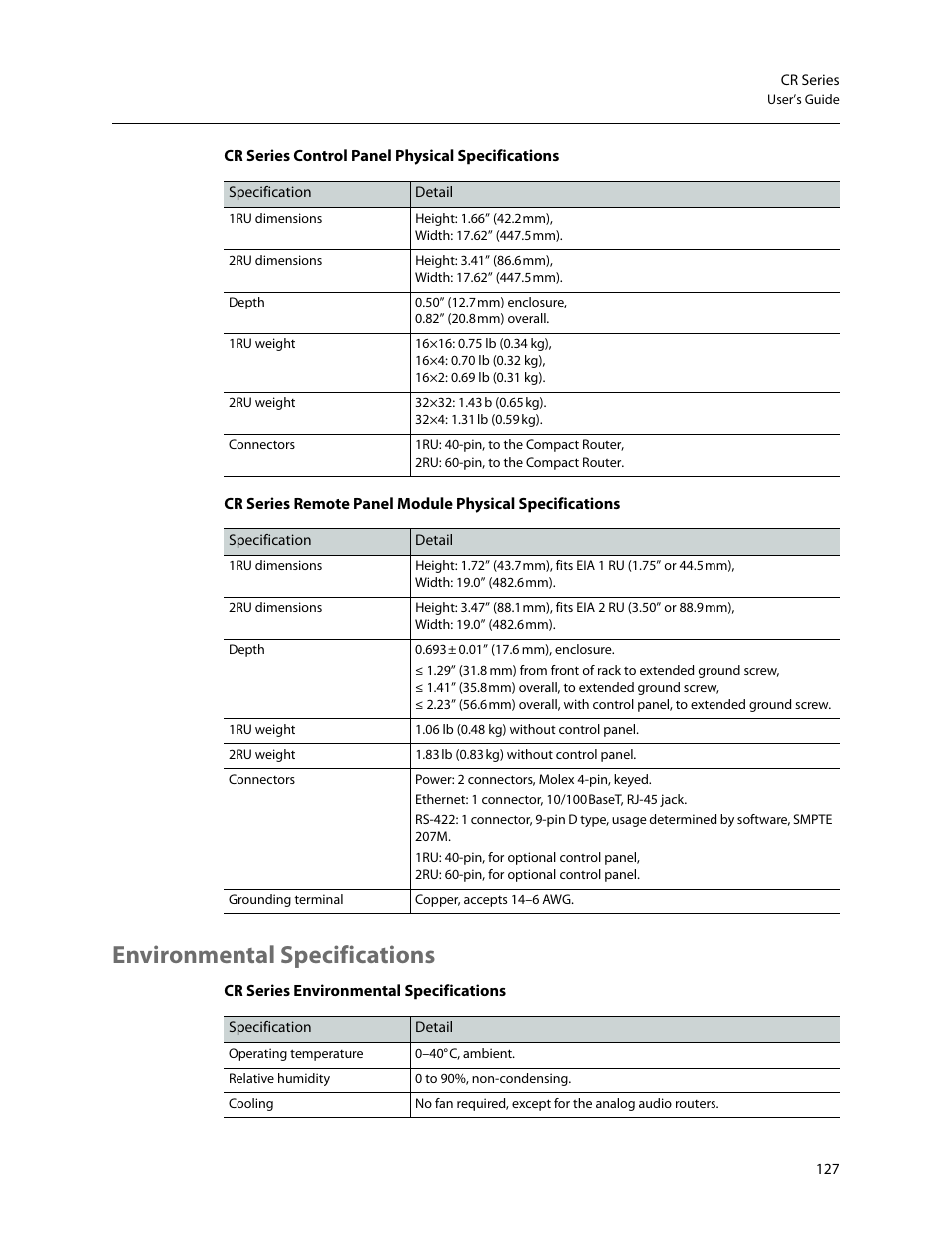 Environmental specifications | Grass Valley CR Series v.3.2 User Manual | Page 139 / 212