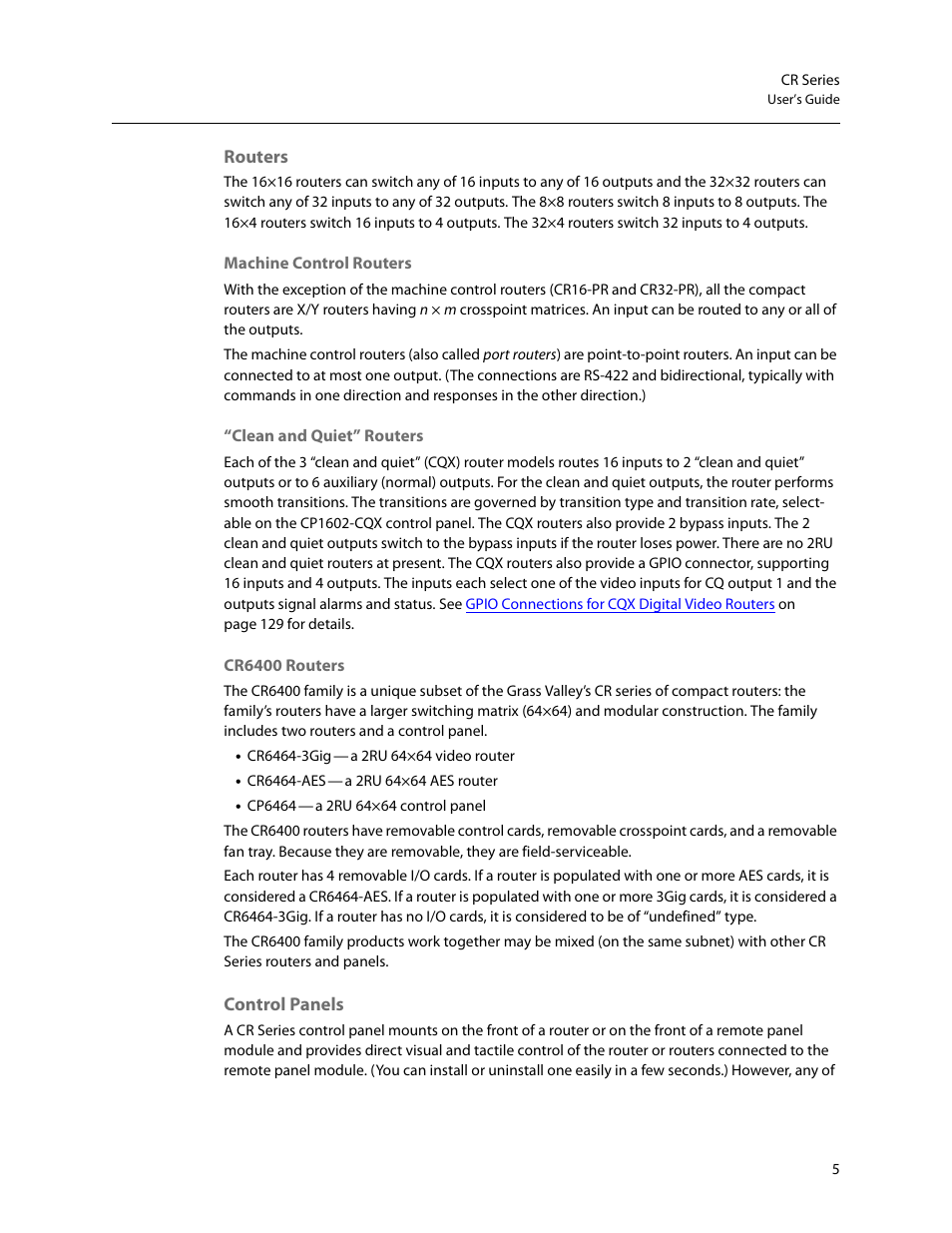 Routers, Control panels, Routers control panels | Grass Valley CR Series v.3.2 User Manual | Page 17 / 212
