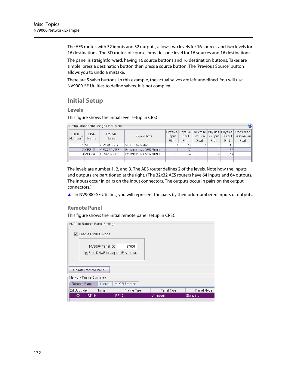 Initial setup, Levels, Remote panel | Levels remote panel | Grass Valley CR Series v.3.2 User Manual | Page 184 / 212