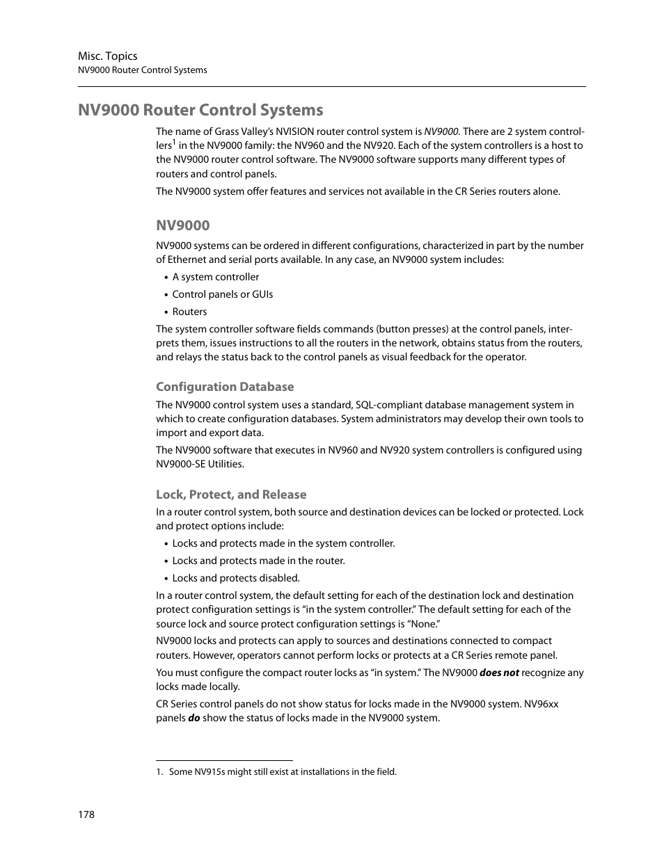 Nv9000 router control systems, Nv9000, Configuration database | Lock, protect, and release, Configuration database lock, protect, and release | Grass Valley CR Series v.3.2 User Manual | Page 190 / 212