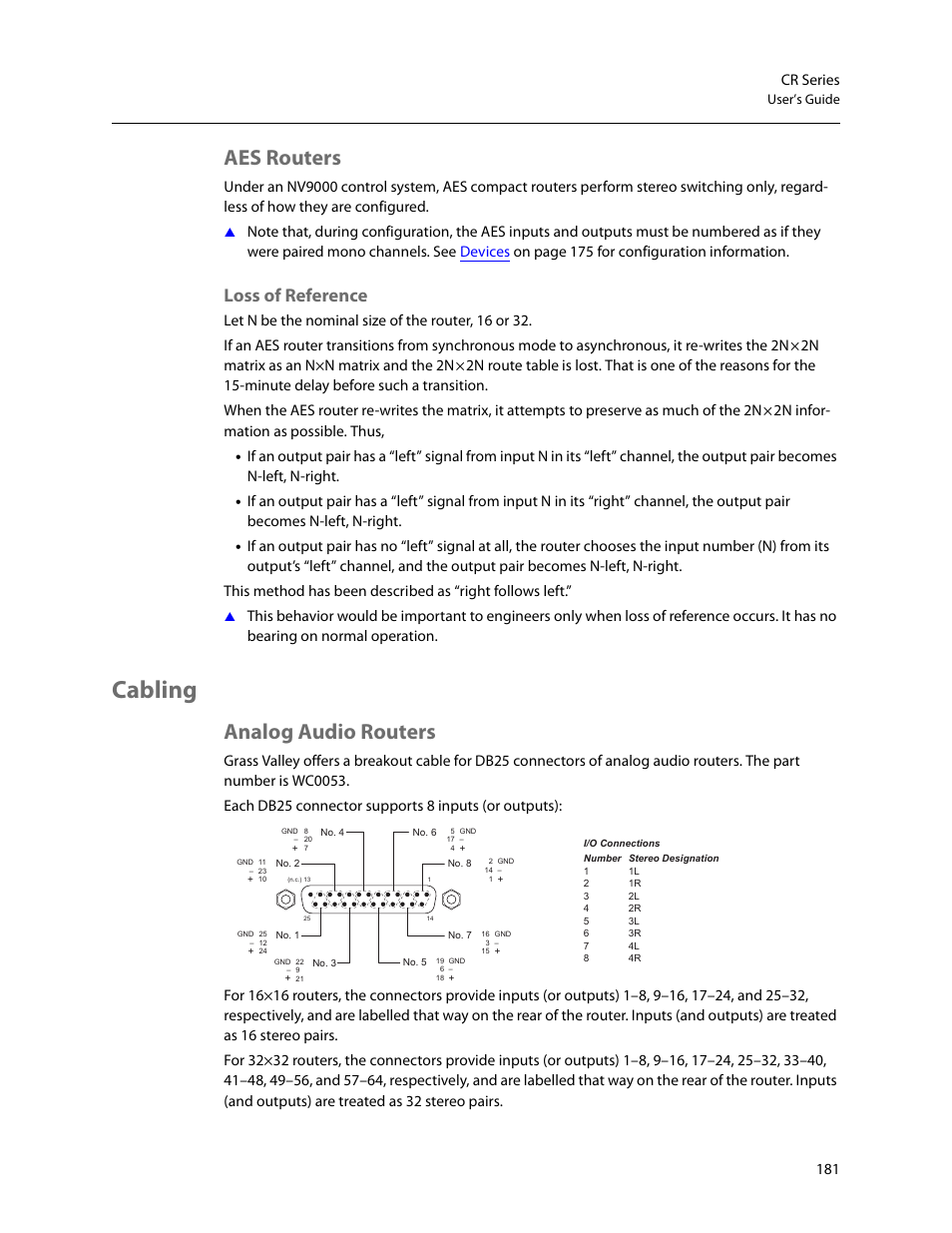 Aes routers, Loss of reference, Cabling | Analog audio routers, 181 cr series, User’s guide | Grass Valley CR Series v.3.2 User Manual | Page 193 / 212