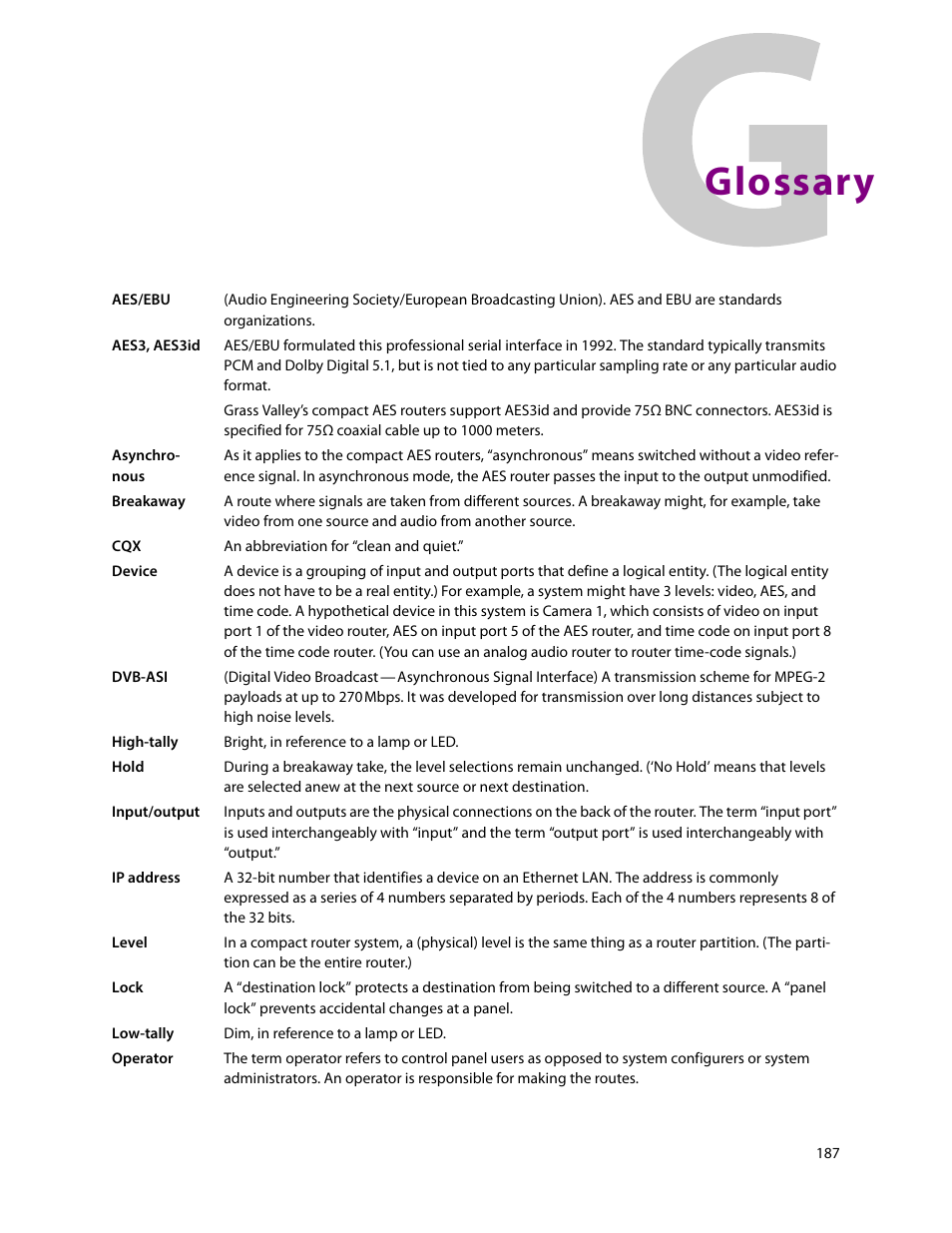 Glossary | Grass Valley CR Series v.3.2 User Manual | Page 199 / 212